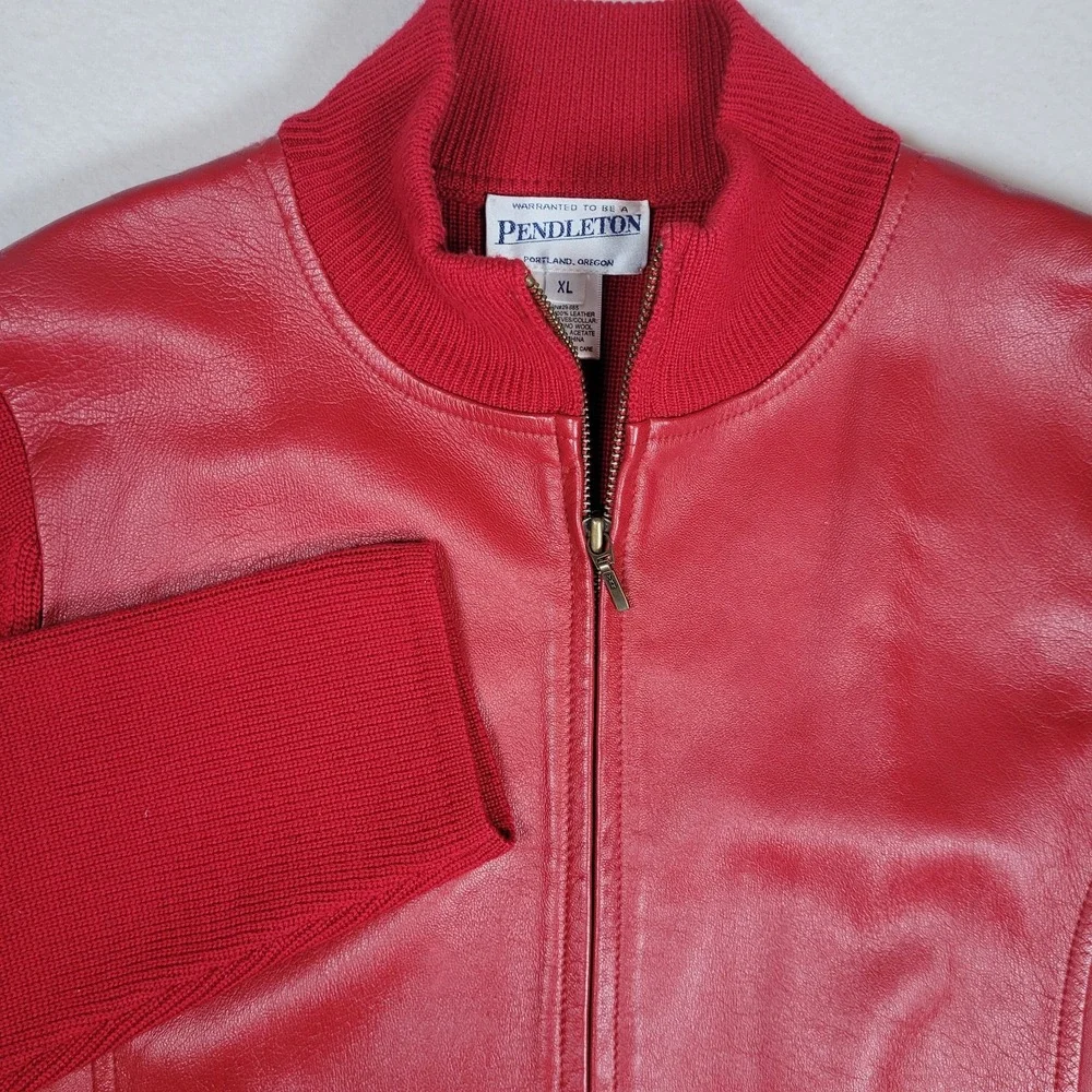 Pendleton Oregon Vintage Wool Leather Sweater Jacket‎ Solid Red Zippered Size L